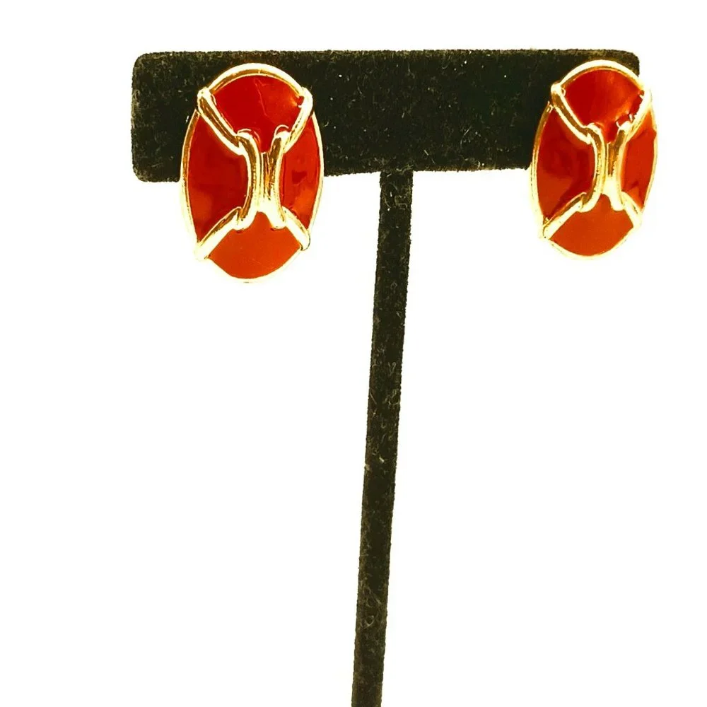 Gold Red Enamel Oval Earrings Clip On Statement Holiday Jewelry